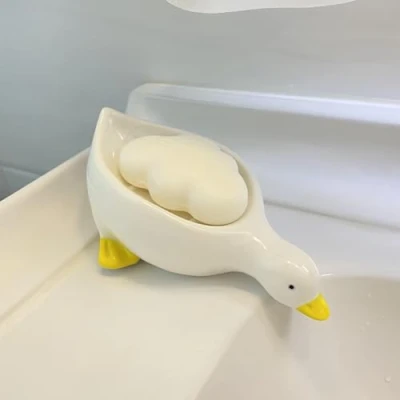 Image of Ceramic Cute Duck Soap Dish, Self Draining Holder for Shower Bathroom Bathtub Kitchen Sink Tray