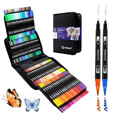 Image of Artecho 120 Colors Markers for Adult Coloring Books No Bleeding, Dual Tip School, Fine and Brush Adults Books, Calligraphy, Drawing, Sketching