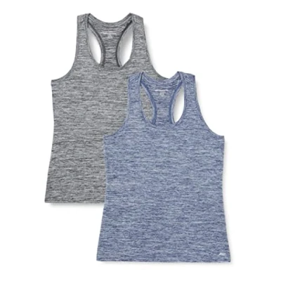 Image of Amazon Essentials Women&#039;s Tech Stretch Racerback Tank Top (Available in Plus Size), Pack of 2, Black Heather/Navy Heather, XL