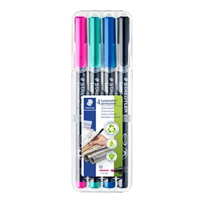 Image of Staedtler Lumocolor 317 WP4 1 Universal Marker Permanent for Almost All Surfaces, Smudge proof and Waterproof, Refillable, Line Width 1.00 mm, 4 Markers in Stand Up Box