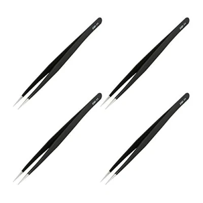 Image of Aoje Link ESD 11 Professional Anti Static Technology Tweezers, Non Magnetic Fine Tip Straight, Stainless Steel Plastic Coated, Full Length 142mm, Black, 4pcs