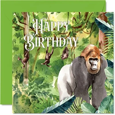 Image of Gorilla Birthday Cards for Men Women Jungle Wildlife Animal Nature Card Son Daughter Brother Sister Mum Dad Auntie Uncle Nan Grandad, 145mm x Bday Greeting