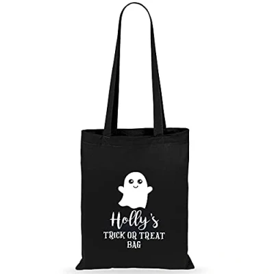 Image of eBuyGB Personalised Black Ghost Halloween Trick or Treat Bag, Kids Reusabke Cotton Goodie Bags