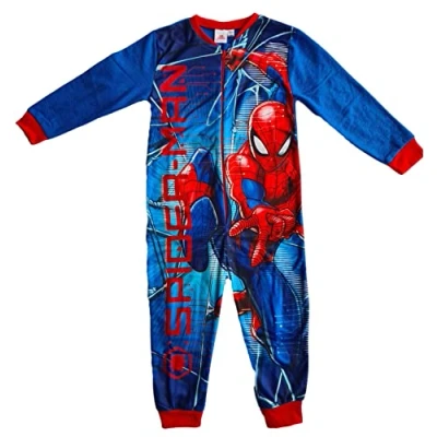 Image of Spiderman Kids All in One Boys Girls Childrens Fleece Onesie Sleepsuit Pyjamas Age 9/10 Years Blue