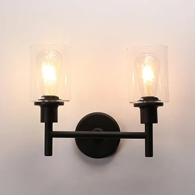 Image of Phansthy Retro Style Dual Head Wall Lights Industrial Glass Shade Double Vintage Sconces Indoor Light for Loft Bar Kitchen Lamp Bedroom Vanity Mirror E27 (Black)