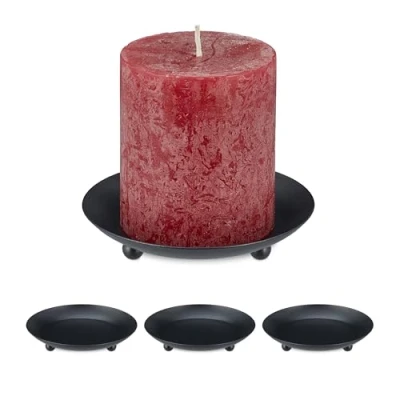 Image of Relaxdays Set of 4 Holders for Pillar Candles, Ø 10 cm, Table Decoration, Metal, Round Plates with Raised Rim, Black, Iron
