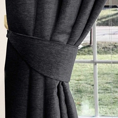 Image of HOMESCAPES Pewter Grey Chenille Curtains Tie Backs Pair, 2 for Coordinating with Thermal Pencil Pleat Curtains. FREE SWATCHES AVAILABLE