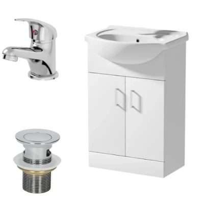 Image of Affine® 560mm Bathroom Vanity Unit Ceramic Sink Floorstanding Storage Cabinet Cupboard &amp; Essentials Basin Tap Waste Set, White Gloss
