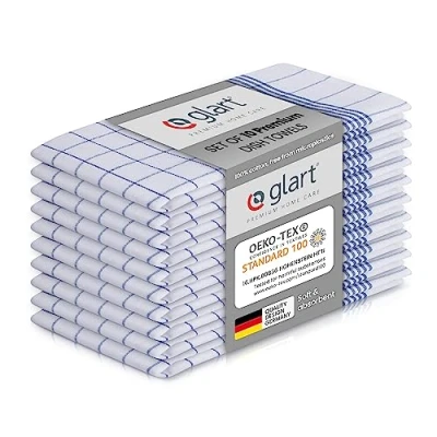 Image of Glart Kitchen Towels, Pack of 10 Blue Tea 50 x 70 cm, 100 Percent Cotton, High Absorbent Cloths