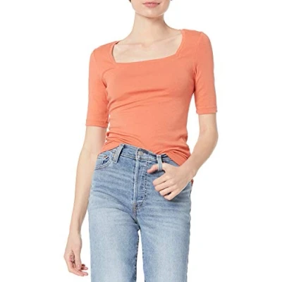 Image of Amazon Essentials Women&#039;s Slim Fit Half Sleeve Square Neck T Shirt, Rust Orange, S