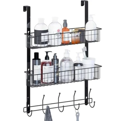 Image of LUCYCAZ Over The Door Hook Hanger, Hanger with 5 Hooks and 2 Mesh Deep Basket, Storage Organiser Rack for Bathroom Kitchen Bedroom Hanging Towel Clothes (Black)