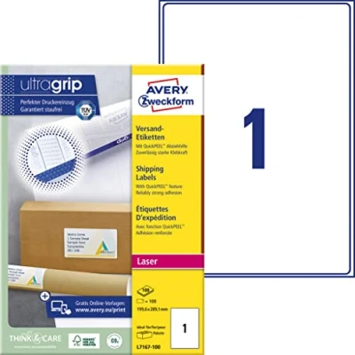 Image of Avery Zweckform L7167 Shipping Labels (Pack of 100 Sheets, Opaque, 199.6 x 289.1 MM Sheets White