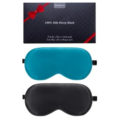 Image of BeeVines Silk Sleep Mask Eye for Sleeping, 2 Packs 100% Real Natural with Adjustable Straps, Women Men, Travel to Reduce Puffy Eyes (Black &amp; Peacock Blue)