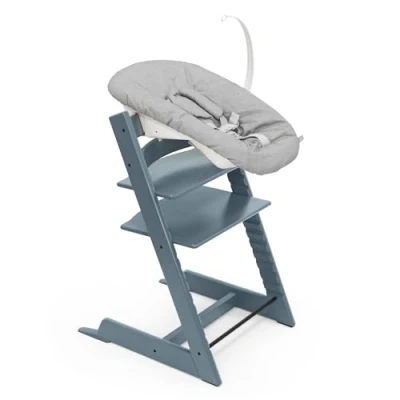 Image of Stokke Tripp Trapp Chair (Fjord Blue) with Newborn Set (Grey) Cosy, Safe &amp; Simple to Use for Newborns Up 20 lbs