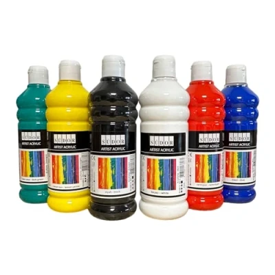Image of Acrylic Paint Set 6 Colours of 500 ml. High Pigmented, Opaque Colours. Suitable for Wood, Stone, Canvas, Paper, Fabric, Leather, Metal, Pouring. All Purpose Paints. Basic x 500ml