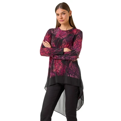 Image of Roman Womens Floral Print Chiffon Hem Stretch Top Wine Size 18 UK