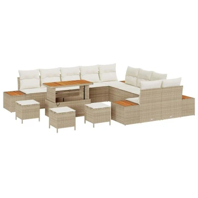 Image of vidaXL 14 Piece Garden Sofa Set with Cushions Beige Poly Rattan Acacia
