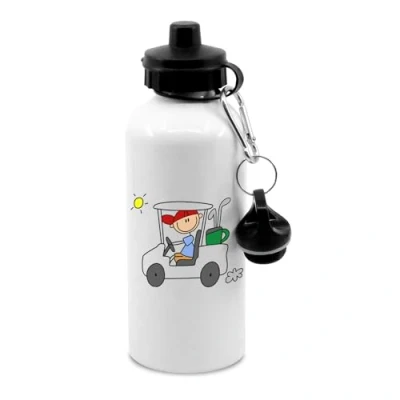 Image of Golfer in golf buggy, clubs, sunshine, stick figure, water bottle with clip, drinks bottle, cup, water, hydrate