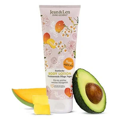 Image of Jean &amp; Len exotic mango avocado body lotion, for all skin types, lightweight formulation, absorbs quickly, pH ideal, paraben free silicones, vegan 250 ml