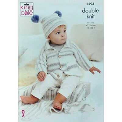 Image of King Cole 5593 Knitting Pattern Baby and Childrens Cardigan Hat Blanket in Stripe DK