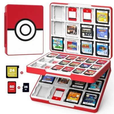 Image of MoKo 60 Slots Game Card Case for Switch/Switch OLED/3DS/2DS, Portable 3DS Case, 24 3DSXL/DS/DSi Cards &amp; 36 SD w/Magnetic Closure, Red Ball