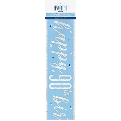 Image of Unique 83486 Blue Prismatic 90th Birthday Foil Banner, 108&quot; 1 Pc, Age 90