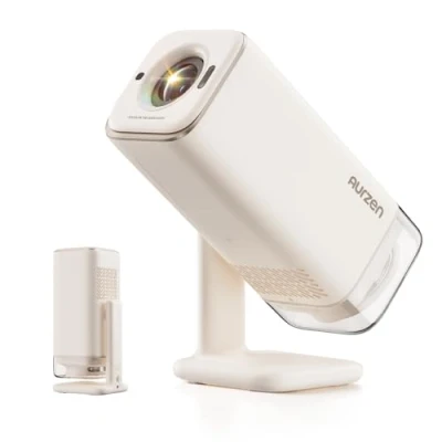 Image of Aurzen BOOM Air Google TV Smart Projector with WiFi and Bluetooth, Portable for Outdoor &amp; Home Movie, 4K Supported, Adjustable Stand, USB C Powered, Real Time Focus, Dolby Audio, Off White