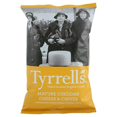 Image of Tyrrells Hand Cooked English Crisps Mature Cheddar &amp; Chives (150g) Pack of 6