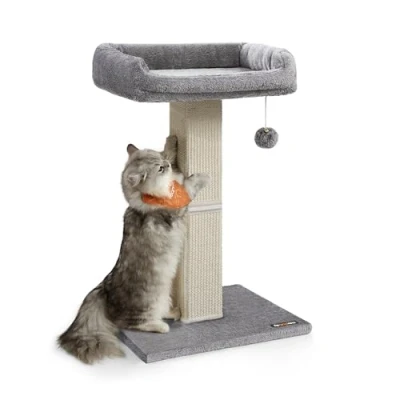 Image of Feandrea Cat Scratching Post, Scratcher with 40 x 30 cm Plush Perch, Tree, 71 Tall Scratch Post Woven Sisal, 45 Base, Pompom, Light Grey