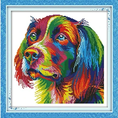 Image of CaptainCrafts Cross Stitch Kits, Dog Counted Unpreprinted Fabric DMC DIY Art Embroidery Kits (Unpreprinted 14CT, Rainbow Dog)