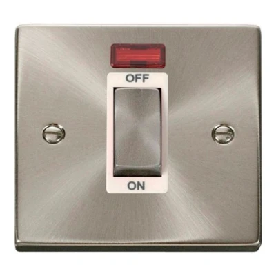 Image of Click Deco VPSC501WH Satin Chrome &#039;Ingot’ 45A 1 Gang Single Cooker Switch with neon White Insert