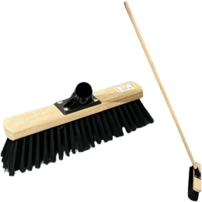 Image of 12 30cm Stiff Broom Outdoor Yard Brush with Synthetic PVC Hard Bristle Durable Support Bracket &amp; 120cm Wooden Handle Heavy Duty Garden Sweeping (BLACK)