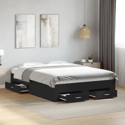 Image of vidaXL Brown Oak Double Bed Frame with Storage Drawers 135x190 cm Engineered Wood, Sturdy Plywood Slats, Modern Bedroom Furniture