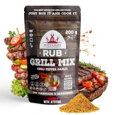 Image of Poppamies Grill Mix BBQ Rub, Dry Chili Pepper Garlic Marinade &amp; Seasoning Perfect for Fish, Vegies, Chicken, Pork, Beef Great in The Grill, Barbecue, Oven, Boiler and Pan Large Pack (200g)