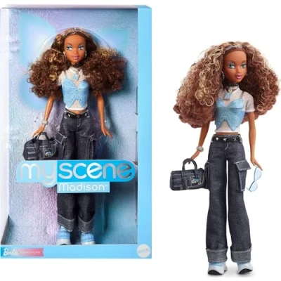 Image of Barbie Signature My Scene Madison Doll and Accessories, Y2K Inspired Outfit with Butterfly Top, Cargo Jeans, Denim Bag Stand, HYC18