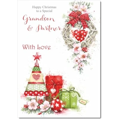 Image of doodlecards Grandson and Partner Christmas Card Heart Decorations Medium Size for &amp; with Plain Envelope