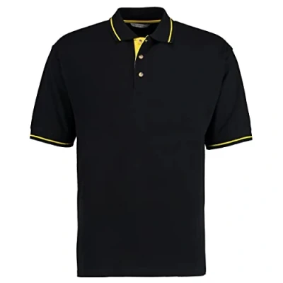 Image of Kustom Kit Mens Short Sleeve Polo Shirts, Black/Yellow, Large. KK606