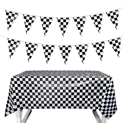Image of Euvoym Checkered Pennant Banner Racing Flag Party with Tablecloth for Theme Decoration