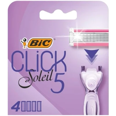 Image of Bic Click 5 Soleil Women&#039;s Razor Refills, 3 Moveable Blades and Lubricating Strip Box of 4 Cartridges, Purple