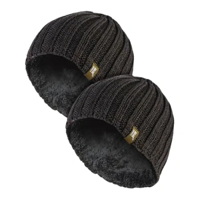 Image of HEAT HOLDERS 2 Pack Winter Beanie Hat Insulated Fleece Lined Ribbed Thermal Warm (One Size, Khaki Green)