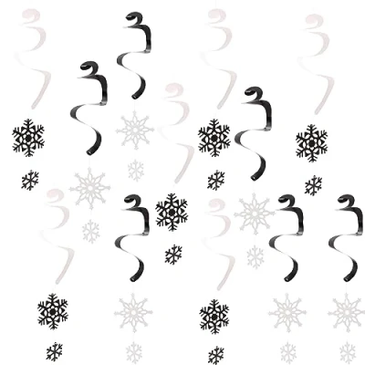 Image of Toyland® Pack of 12 Black &amp; White Hanging Snowflake Swirls Festive Christmas Decorations