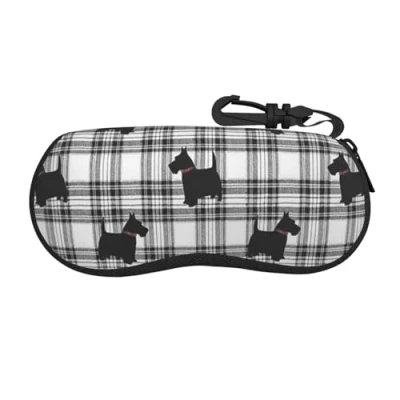 Image of BEEOFICEPENG Glasses Case, Neoprene Portable Sunglasses Case Soft Eyewear Zipper Box, Scottish Terrier Plaid Scotty Dog