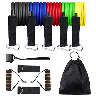 Image of Resistance Bands and Workout Fitness Set 5 Tubes, 2 Hand Grips, Door Anchor, Ankle Straps, Carrying Pouch,Yoga,Pilates, Physio Home Gym Equipment For Arm Legs