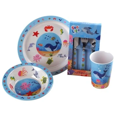 Image of Melamine Kids Dinner Set Sealife Plate, Bowl, Cup, Metal Cutlery 4 Piece
