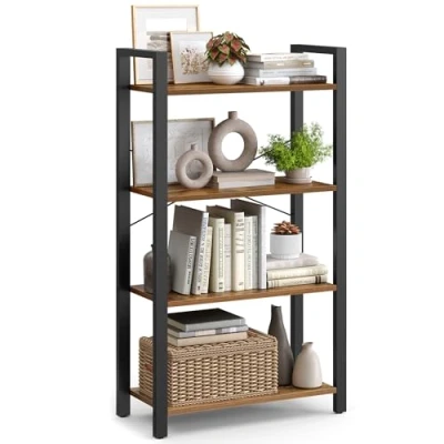 Image of VASAGLE 4 Tier Shelf Bookcase, Steel Frame, Free Standing for Living Room, Bedroom, Office, 30 x 66 120 cm, Industrial Style, Rustic Brown and Ink Black LLS60BX