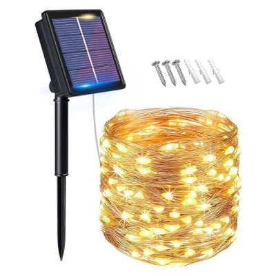 Image of flintronic Solar String Lights Outdoor, Garden (100 LED 8 Modes) 10M/33ft Auto on/Off Copper Wire Lighting, Waterproof Decorated Light for Christmas, Party, Home, (Warm White)…