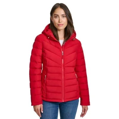 Image of Tommy Hilfiger Women&#039;s Essential Lightweight Packable Puffer Jacket Down Alternative Coat, Crimson, S