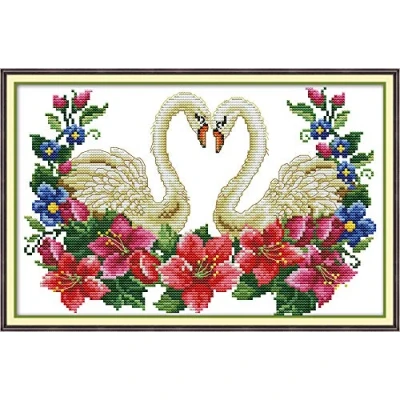 Image of Cross Stitch Kits, Heart Print Swans Flowers Awesocrafts Easy Patterns Stitching Embroidery Kit Supplies Christmas Gifts, Stamped (Swans, Stamped)