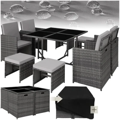Image of TecTake® Polyrattan Garden Furniture Set with Aluminium Base, Including 4 Dining Chairs, 1 Table, Stools, Foldable Lounge Set, For Up To 8 People, Patio grey