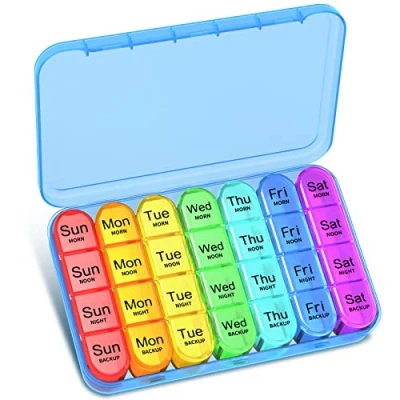 Image of Pill Box 4 Times a Day, Betife Weekly Organisers, 7 Day Tablet Organiser, Daily Dispenser Compartments, for Medication, Vitamins and Supplements (Blue)
